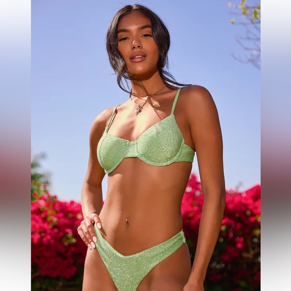 Lulus Green Sparkly Underwire Bikini Top